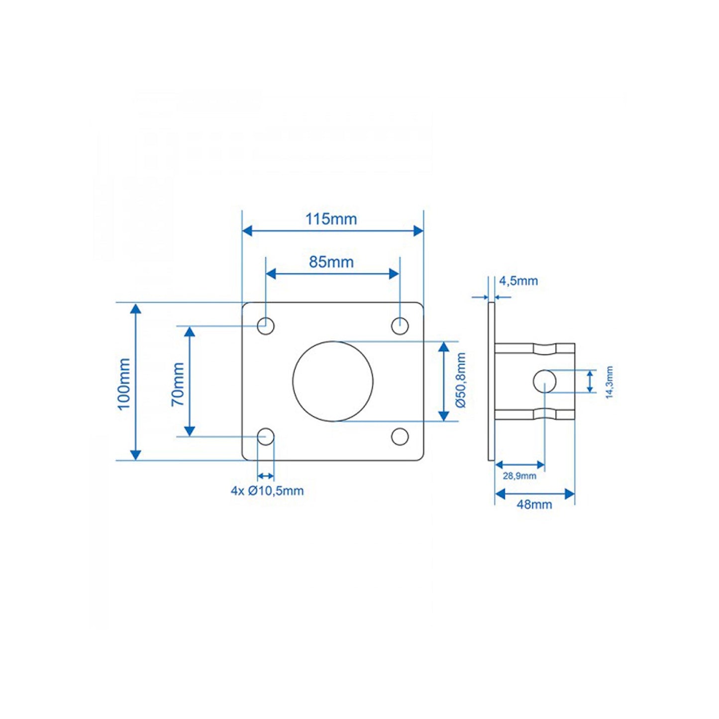 Mounting plate parking support 115x100mm LA: 85/70mm 15mm bolt