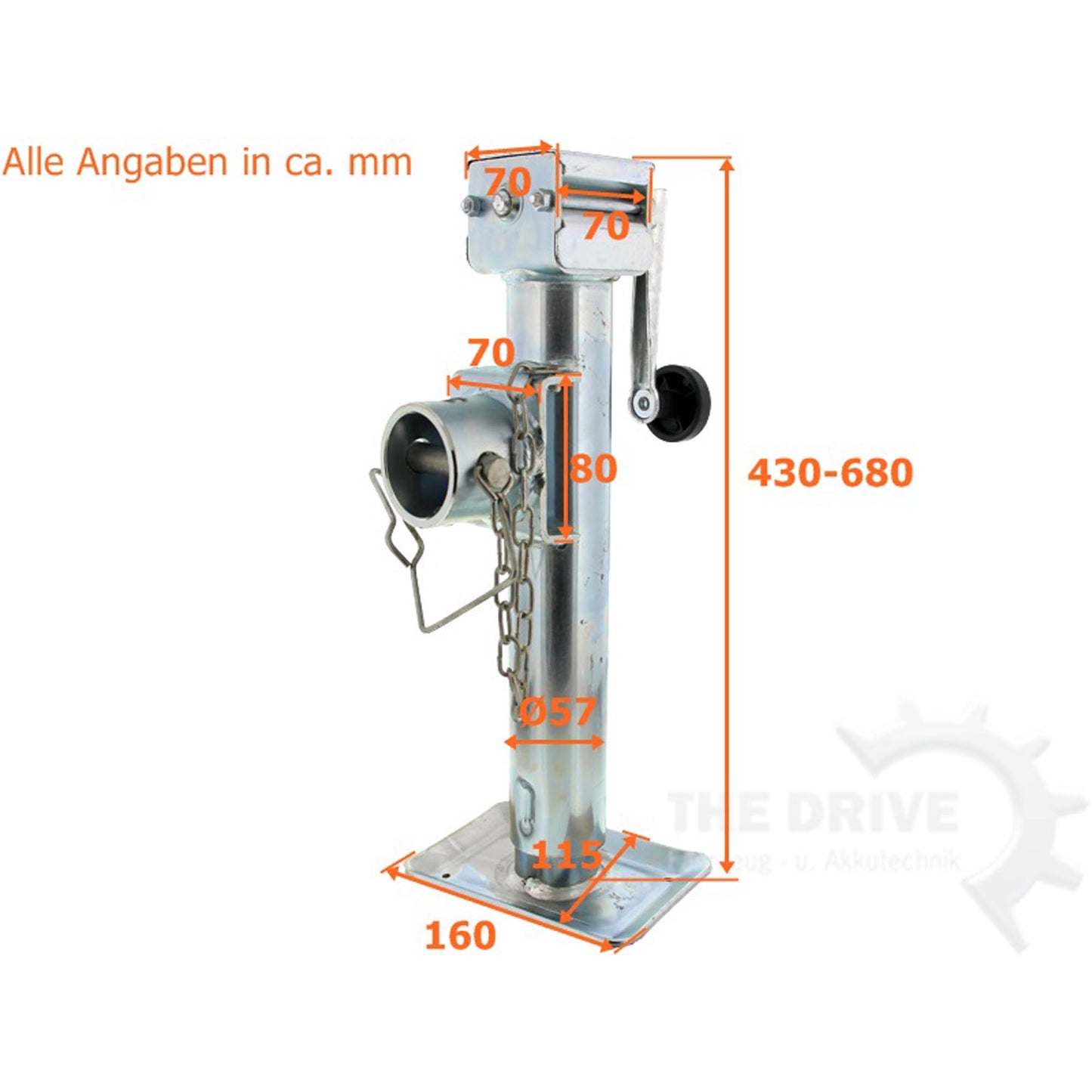 Support leg with hand crank, foldable, Ø57 x 430mm with locking pin, vertical load: 1300kg