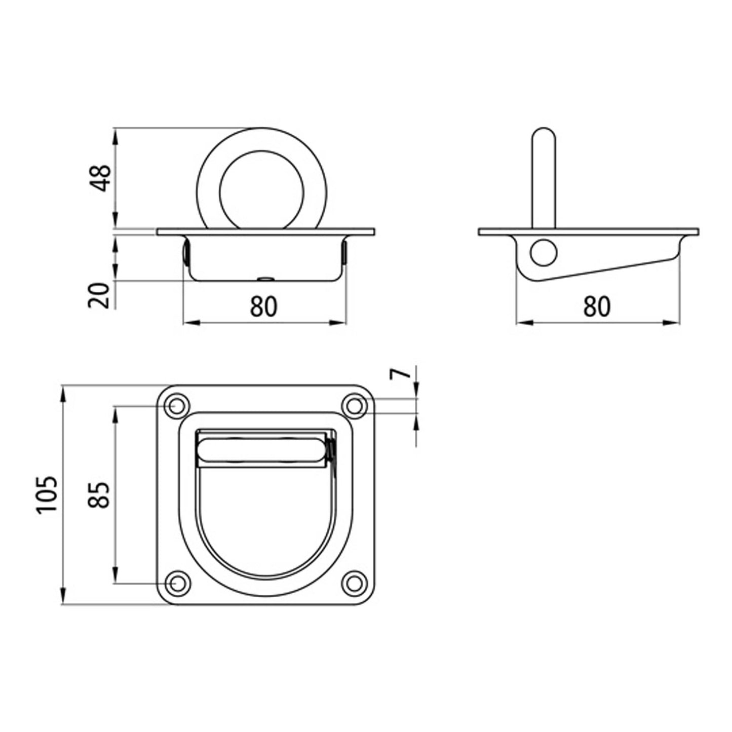 Suer Zurrring 105 × 105 mm, verzinkt, mit Rückzugfeder, Belastbarkeit 1000 daN, DIN EN 12640:2020-05