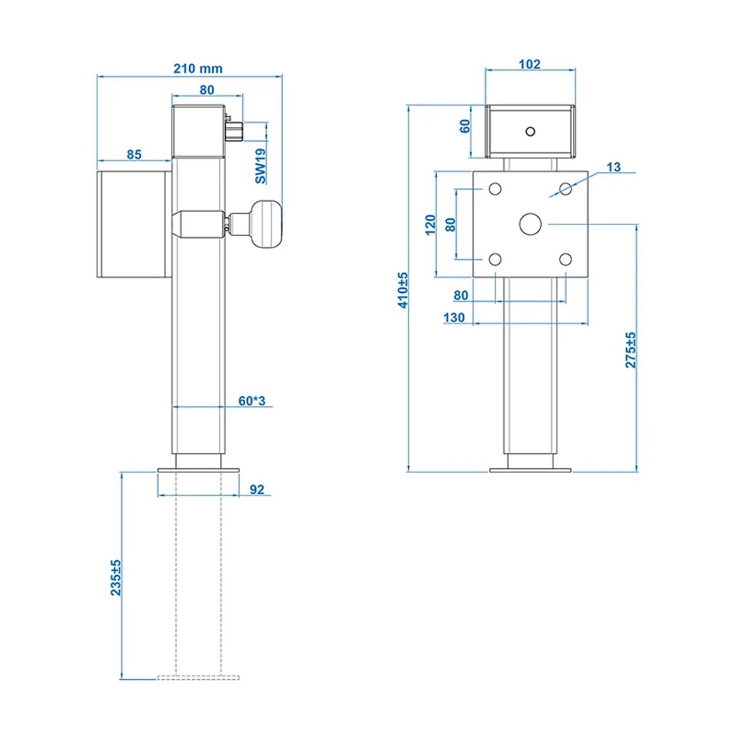 Swivel support 60x60mm foldable 410-655mm FH 85 mm 1300kg with screw set