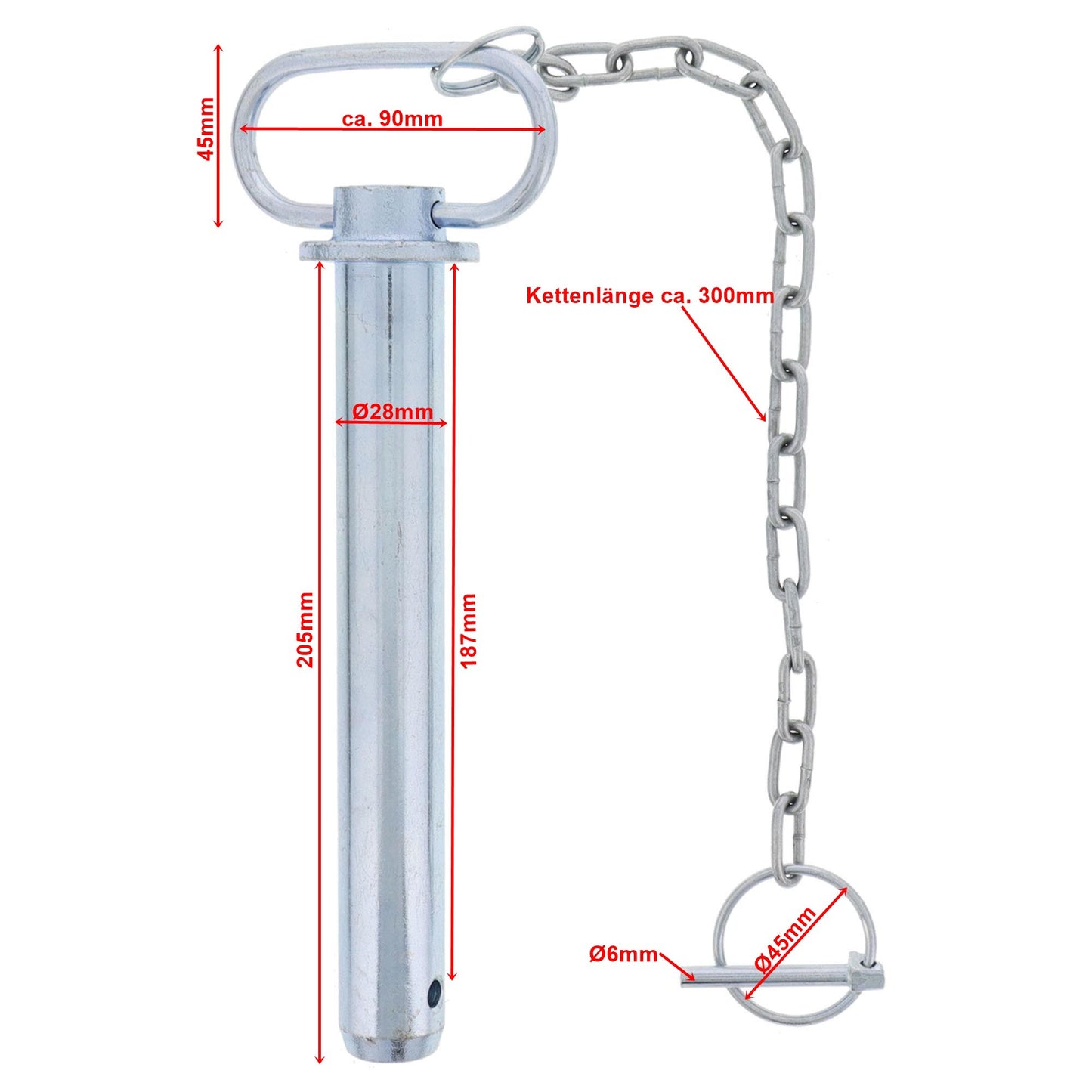 Unterlenkerbolzen mit Handgriff & Kette Kat.2 L. 187mm