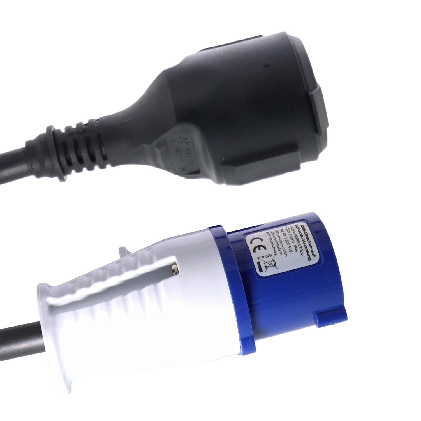 Adapterkabel CEE-Stecker auf Schuko-Kupplung 0,35m 3x2,5mm² H07RNG 230V IP44