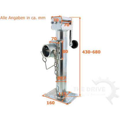 Support leg with hand crank, foldable, Ø57 x 430mm with locking pin, vertical load: 1300kg
