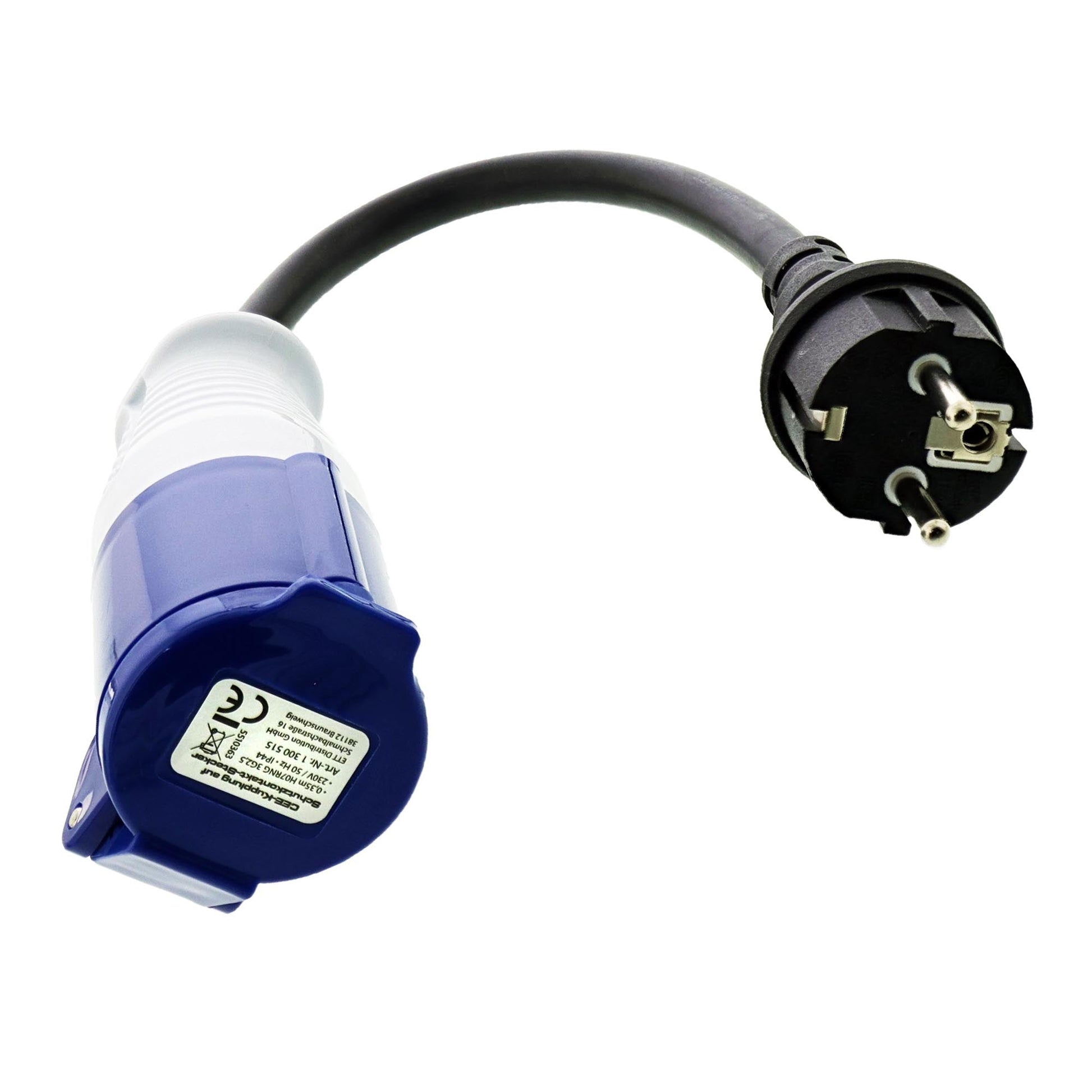 Adapterkabel CEE-Kupplung auf Schuko-Stecker 0,35m 3x2,5mm² H07RNG 230V IP44 - TMN-shop.de