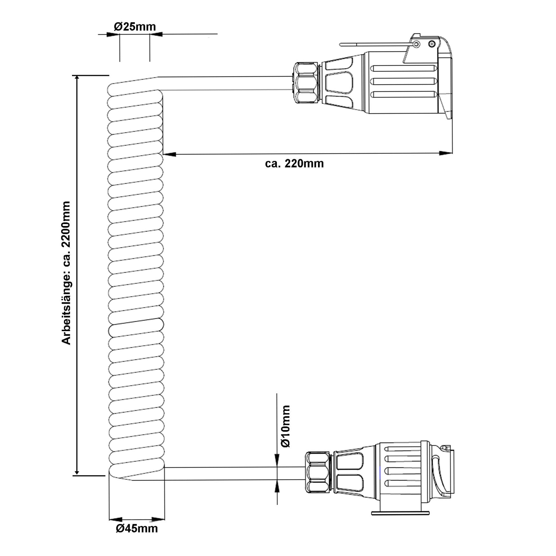Anhänger Spiral-Verlängerungskabel Stecker/Dose 13-polig mit 13-adrigen Kabel - TMN-shop.de