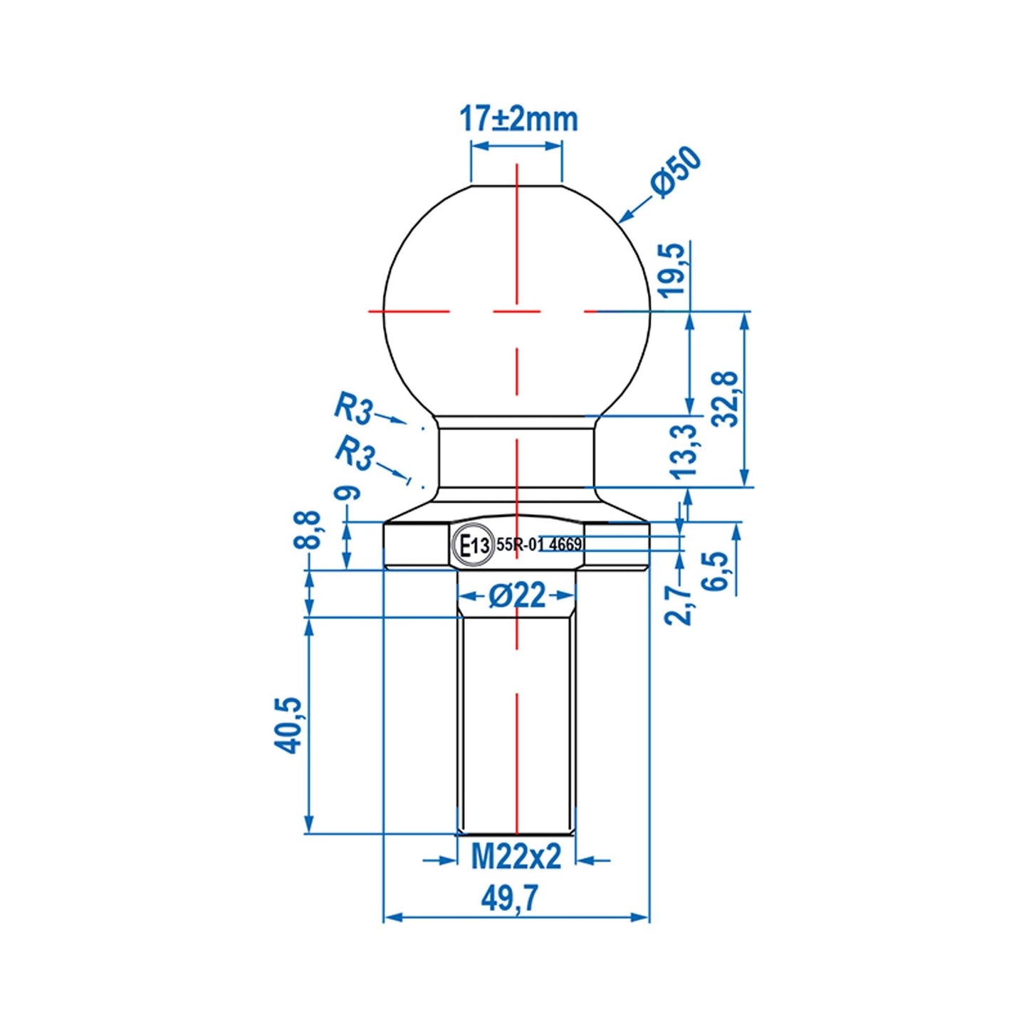 Kugelkopf gerade 2000kg M22 E13-geprüft (R55) - TMN-shop.de