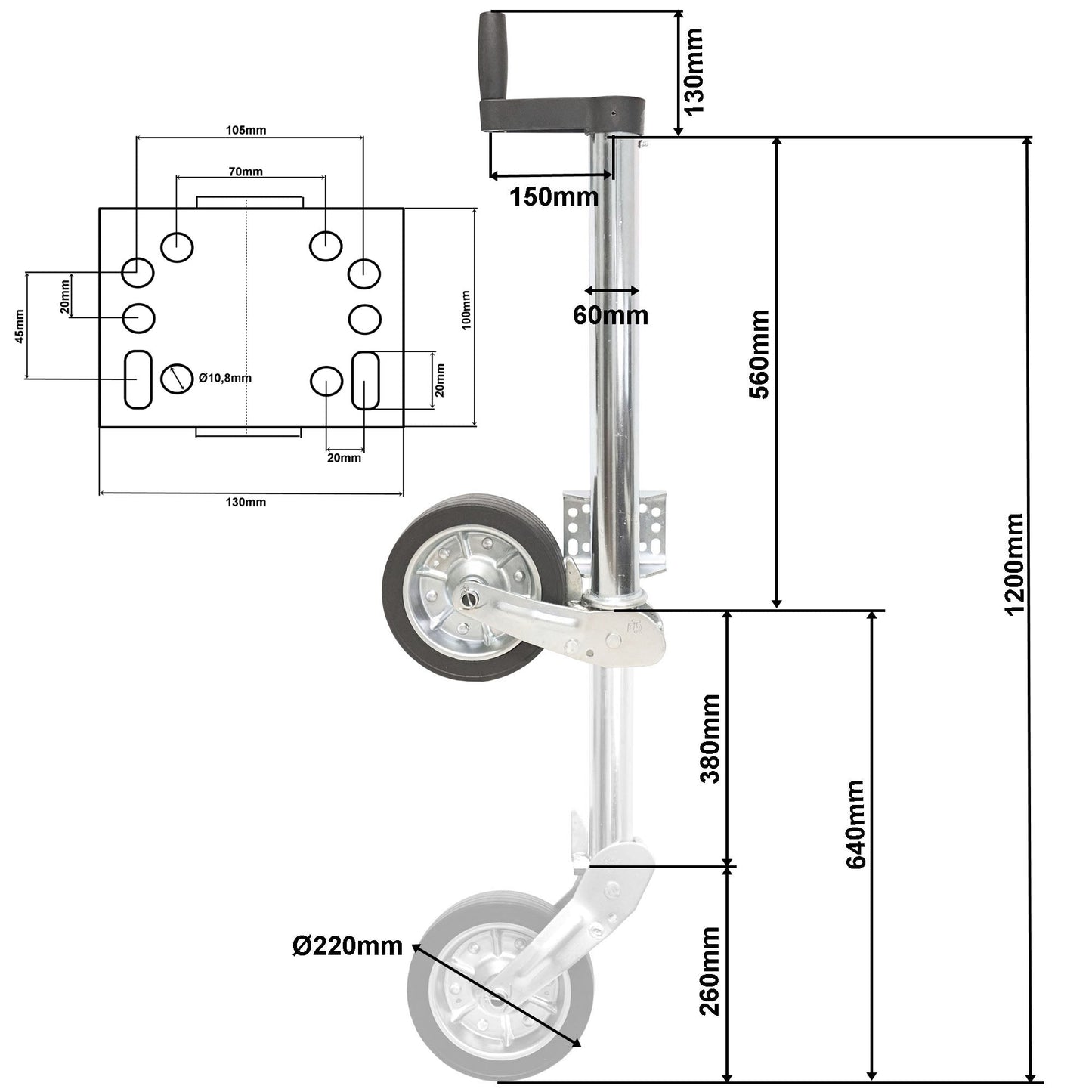 Stützrad 500KG TD60PV 225x65 XL-Länge mit Flansch Mod.24 - TMN-shop.de