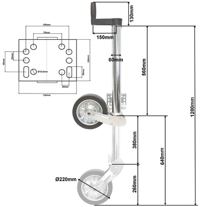 Stützrad 500KG TD60PV 225x65 XL-Länge mit Flansch Mod.24 - TMN-shop.de