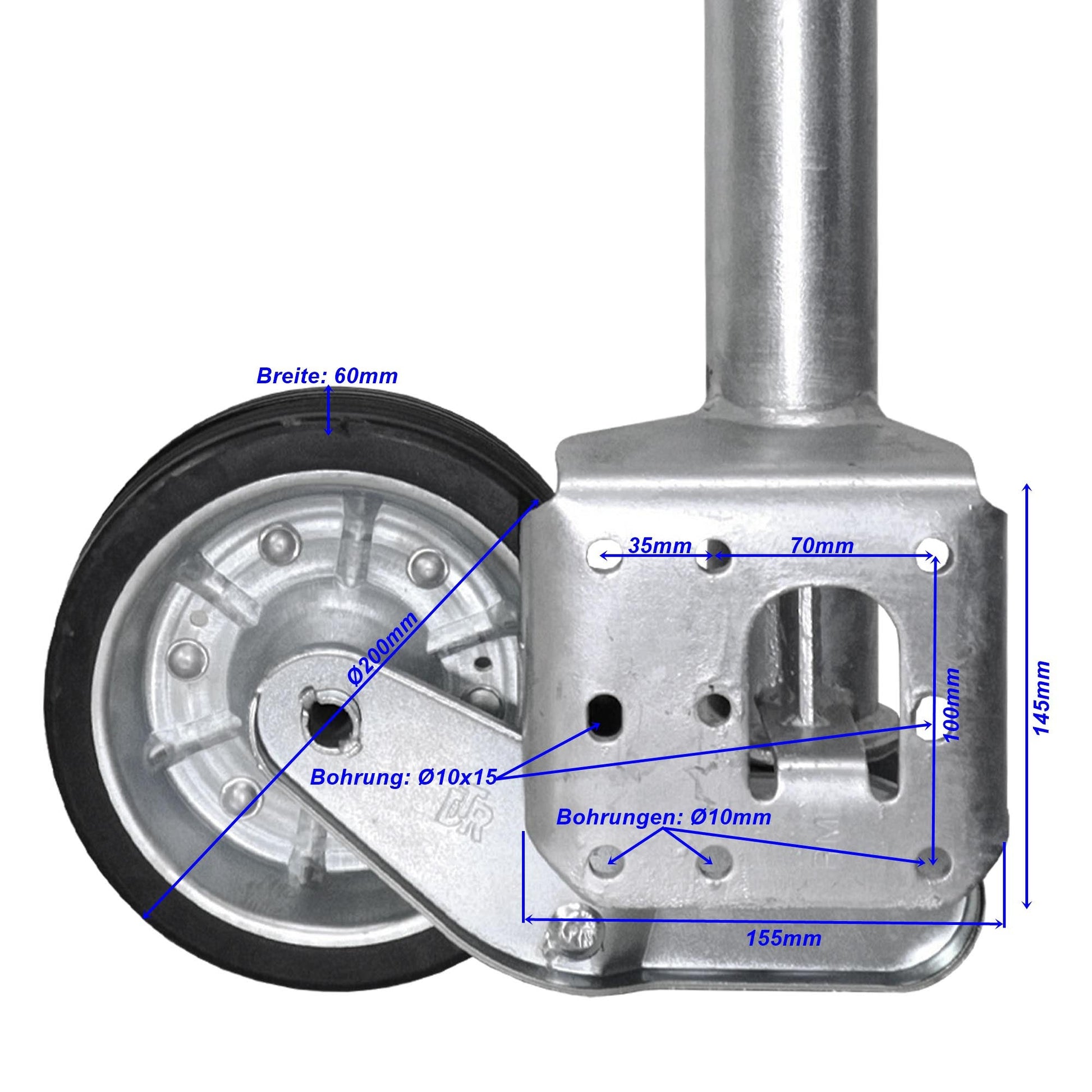 Stützrad 500KG TD60VL XL-Rohr 200x60 erhöhte Tragfähigkeit - TMN-shop.de